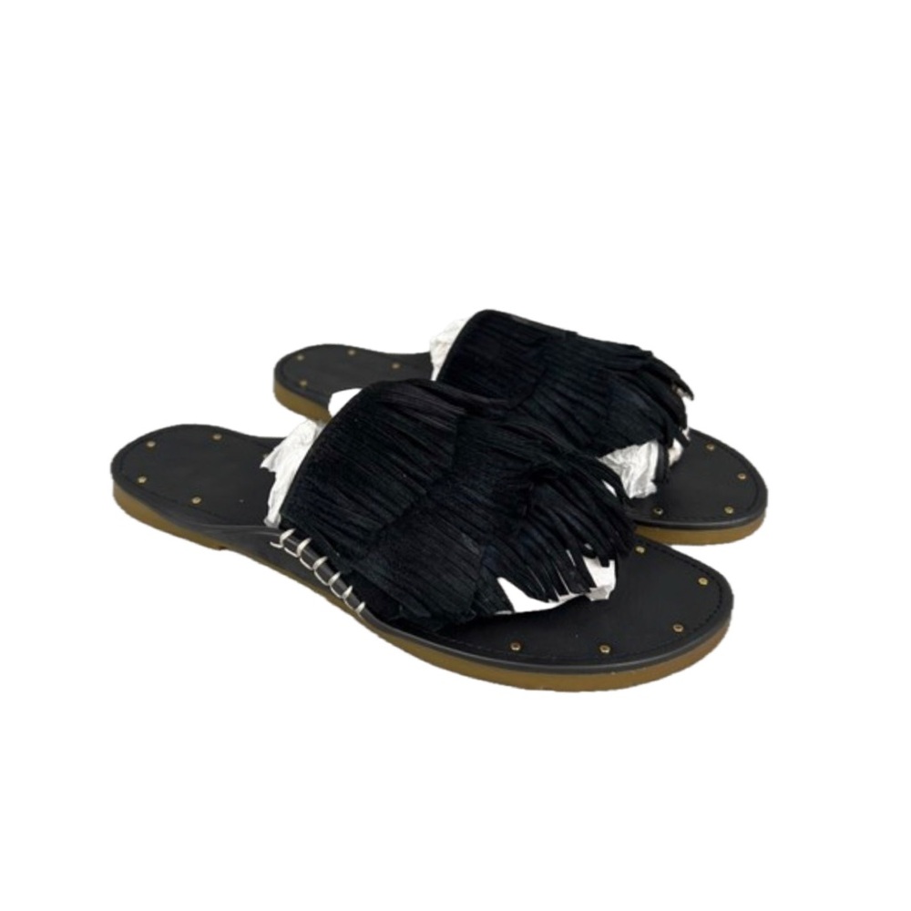 Charlotte Stone Black and White Fringe Slide Sandals